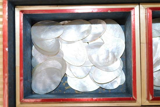 A Chinese geometric straw work rectangular box, enclosing six boxes containing mother of pearl counters